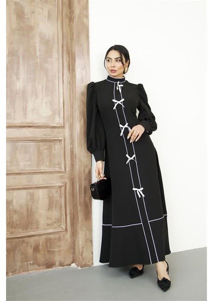 Kadın Özel Tasarım Atlas Kumaş Fiyonk Detaylı Uzun Elbise DPMS2515 fırsatları