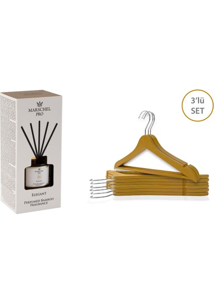 Elegant Çubuklu Koku Cam Şişe 165 ml & 3 Adet - Ahşap Görünümlü Döner Başlıklı Plastik Elbise ve Kıyafet Askısı