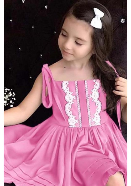 Kız Çocuk Ip Askılı Bağlamalı Göğsü Dantel Işlemeli Pileli Pembe Keten Elbise fiyatları