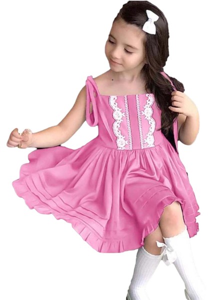 Kız Çocuk Ip Askılı Bağlamalı Göğsü Dantel Işlemeli Pileli Pembe Keten Elbise fırsatları