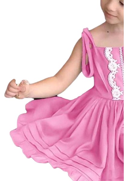 Kız Çocuk Ip Askılı Bağlamalı Göğsü Dantel Işlemeli Pileli Pembe Keten Elbise indirimleri