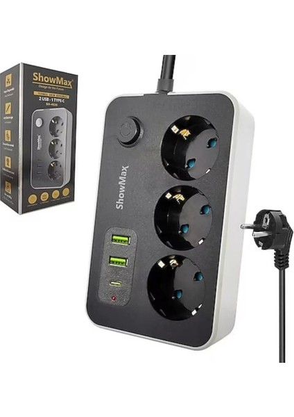 Priz 3 Lü 2 USB 1 Type-C 2 Metre Akım Korumalı Showmax SH-4626