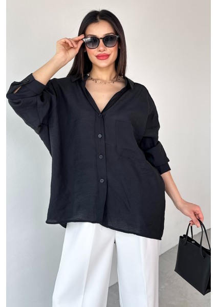 GML-4612 Siyah Düşük Omuzlu Oversize Gömlek
