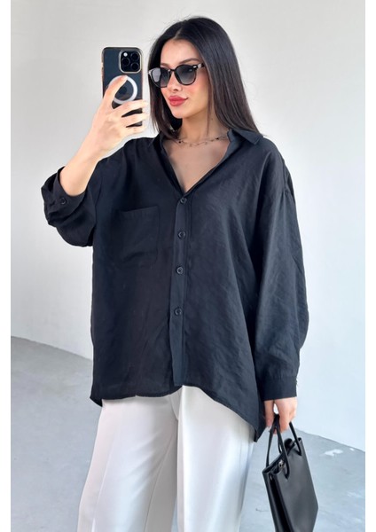 GML-4612 Siyah Düşük Omuzlu Oversize Gömlek