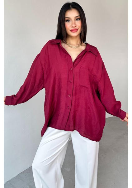 GML-4612 Bordo Düşük Omuzlu Oversize Gömlek