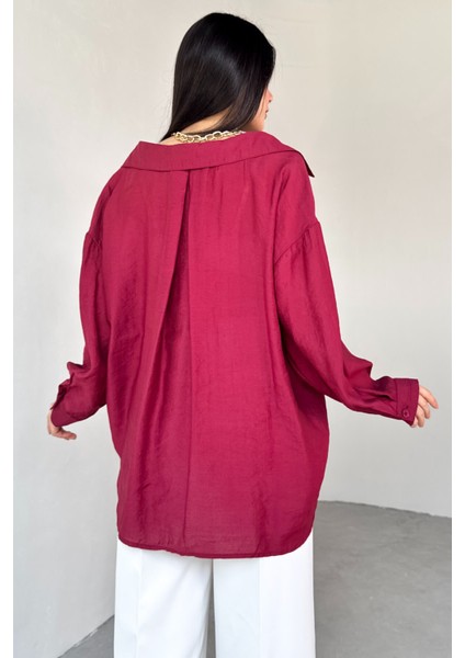 GML-4612 Bordo Düşük Omuzlu Oversize Gömlek