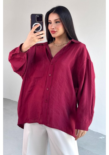 GML-4612 Bordo Düşük Omuzlu Oversize Gömlek
