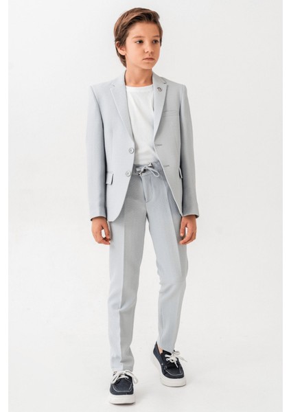 3-14 Yaş Gofre Rozetli Tişörtlü Çocuk Takım Elbise Gri