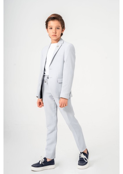 3-14 Yaş Gofre Rozetli Tişörtlü Çocuk Takım Elbise Gri modelleri