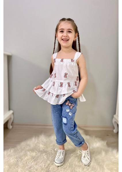 3-10 Yaş Fiyonk Detay Bluz ve Kot Pantolon Seti