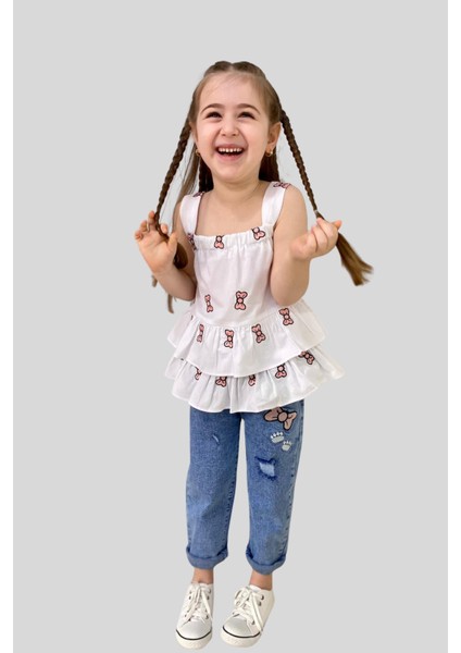 3-10 Yaş Fiyonk Detay Bluz ve Kot Pantolon Seti modelleri