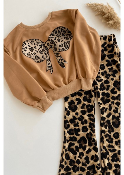 3-10 Yaş Ispanyol Leo Pantolonlu Kız Çocuk Takım Sütlü Kahve modelleri