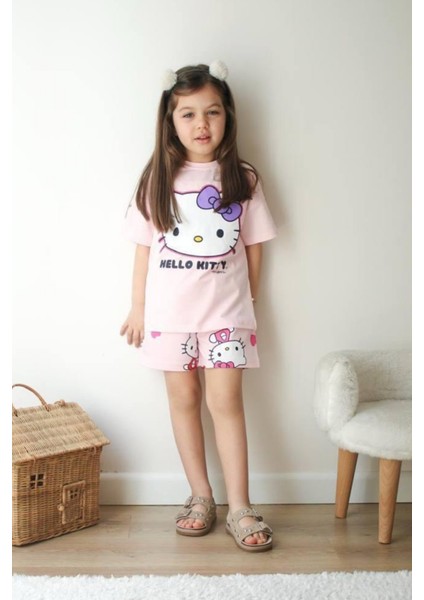3-10 Hello Kity Şortlu Kız Çocuk Takım Pembe
