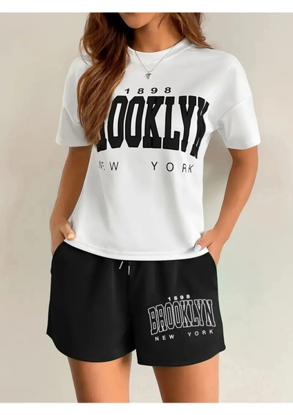 Brooklyn 1898 Baskılı Oversize T-Shirt Şort Alt Üst Takım modelleri