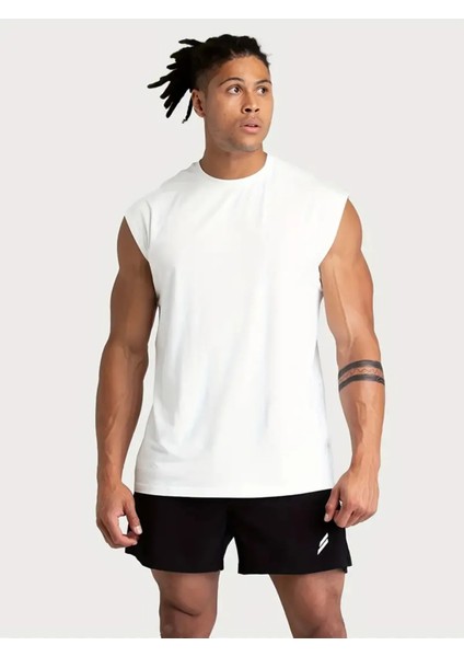 Erkek Pamuklu Antrenman Sporcu Atleti Oversize Kolsuz T-Shirt