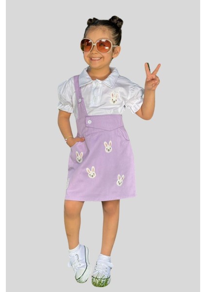 2-10 Yaş Tavşan Detay Gömlek Salopet Set Lila