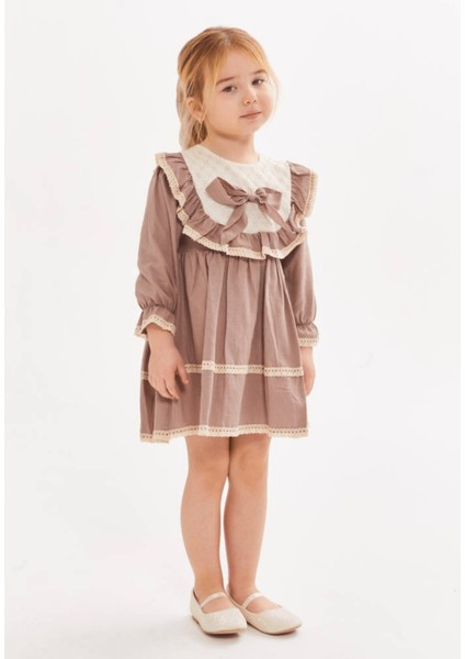 2-8 Yaş Güpür Detay Retro Kız Çocuk Elbise Sütlü Kahve