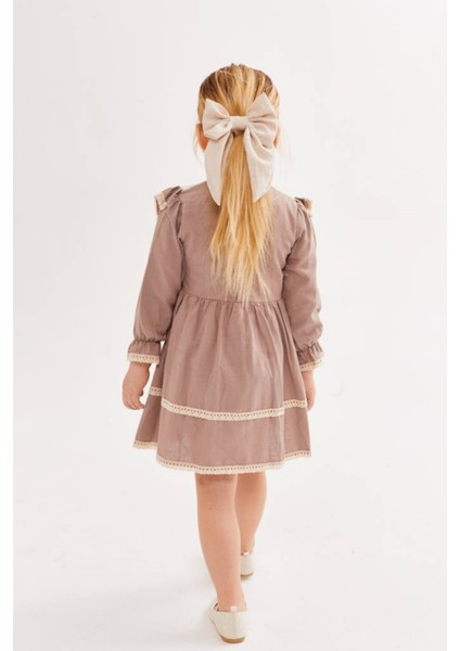 2-8 Yaş Güpür Detay Retro Kız Çocuk Elbise Sütlü Kahve modelleri