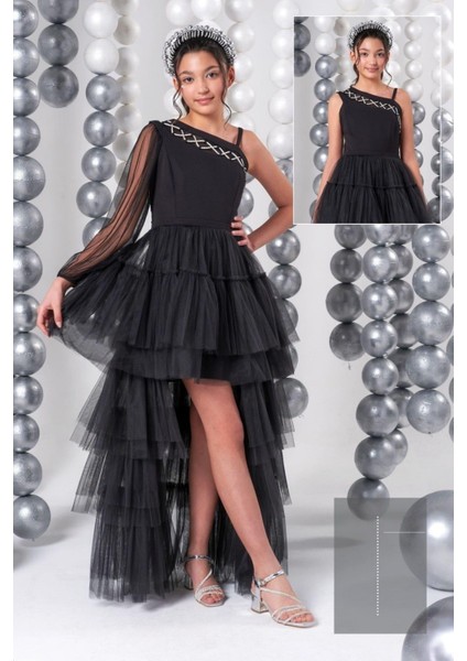 10-15 Yaş Kuğu Model Önü Kısa Arkası Uzun Çapraz Yaka Kat Kat Etek Genç Mezuniyet Abiye Siyah