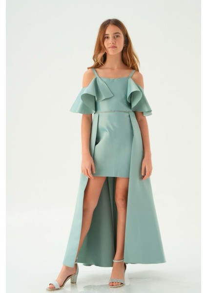 Düşük Omuz Helen Kız Çocuk Abiye Elbise Su Yeşili