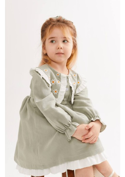 2-8 Yaş Yaka Nakışlı Kız Çocuk Alaçatı Elbise Su Yeşili modelleri