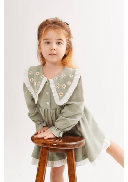 2-8 Yaş Yaka Nakışlı Kız Çocuk Alaçatı Elbise Su Yeşili fırsatları