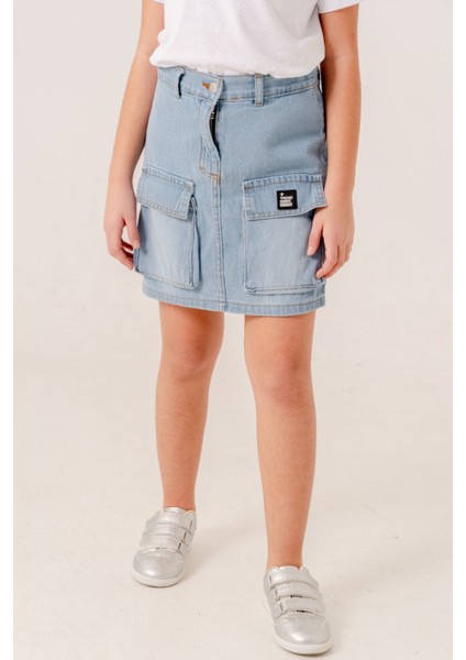 10-15 Yaş Önü Cep Detay Kız Çocuk Kot Şort Etek Mavi