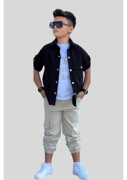 3-12 Yaş Ceketli Kargo Pantolonlu 3lü Erkek Çocuk Takım Siyah