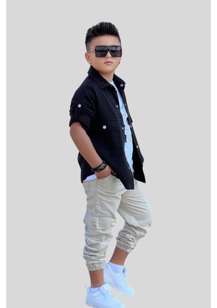 3-12 Yaş Ceketli Kargo Pantolonlu 3lü Erkek Çocuk Takım Siyah modelleri