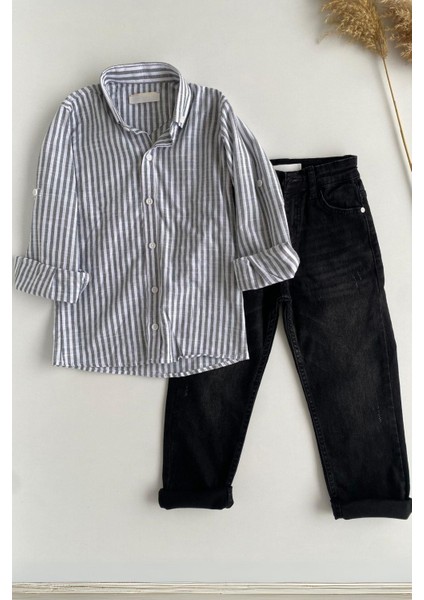 5-14 Yaş Cool Çizgili Gömlek Kot Pantolonlu Erkek Çocuk Takım Gri