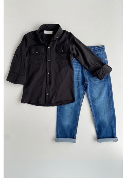5-14 Yaş Çift Kapak Cepli Kot Pantolonlu 2li Erkek Çocuk Takım Siyah