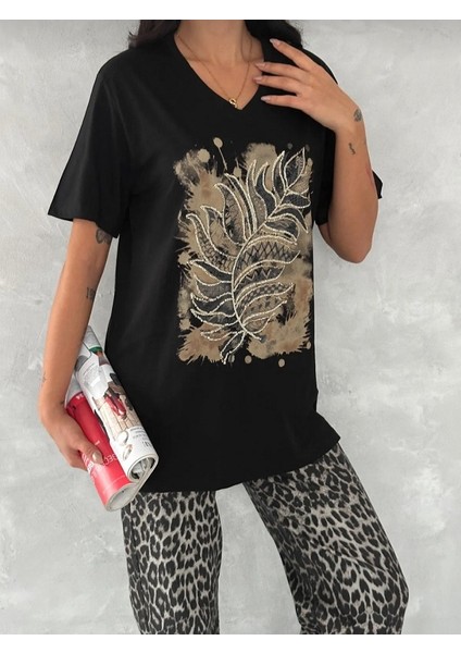 Büyük Beden Yaprak Baskı ve Pullu Tişört fiyatları