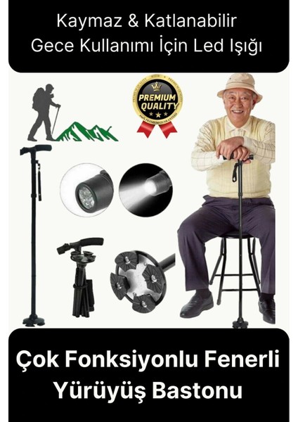 Çok Fonksiyonlu Kaymaz Ayaklı Katlanabilir Dağçı ve Yaşlılar Için LED Işıklı Fenerli Yürüyüş Bastonu
