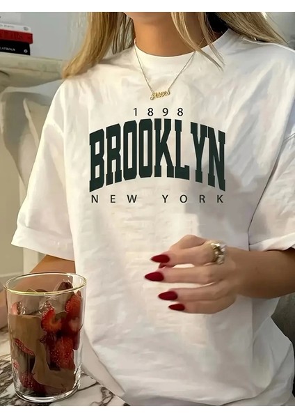 Baskılı Oversize Bisiklet Yaka T-Shirt - Beyaz