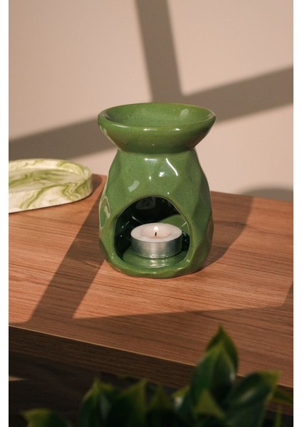 Ananas Desenli Yeşil Seramik El Yapımı Buhurdanlık | Mumluk | Dekoratif Buhardanlık (1 Tealight Mum
