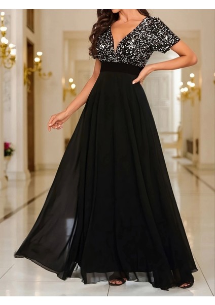 Kadın Kısa Kollu Derin V Yakalı A Kesim Pulpayet Detaylı Şifon Nedime Elbisesi