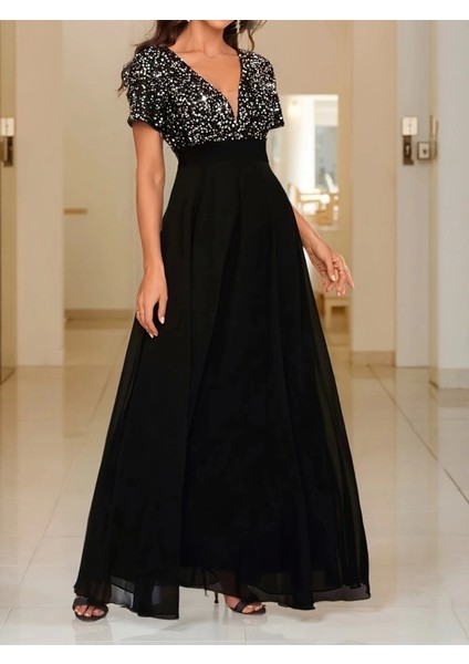 Kadın Kısa Kollu Derin V Yakalı A Kesim Pulpayet Detaylı Şifon Nedime Elbisesi fiyatları