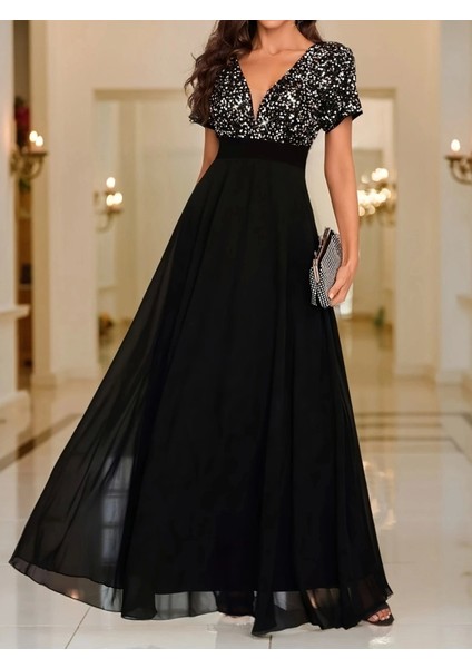 Kadın Kısa Kollu Derin V Yakalı A Kesim Pulpayet Detaylı Şifon Nedime Elbisesi modelleri