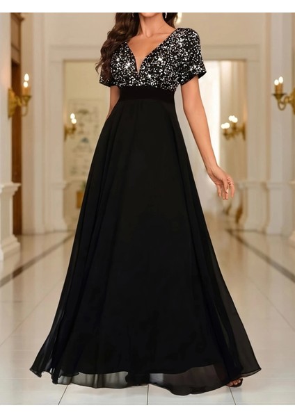 Kadın Kısa Kollu Derin V Yakalı A Kesim Pulpayet Detaylı Şifon Nedime Elbisesi fırsatları