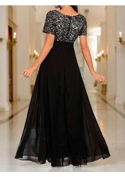 Kadın Kısa Kollu Derin V Yakalı A Kesim Pulpayet Detaylı Şifon Nedime Elbisesi indirimleri