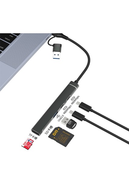 CHB025 Usb-A ve Type-C Girişli 2*type-C 1*usb-A Sd Micro Sd Tf Kart Okuyucu Çoklayıcı Dönüştürücü