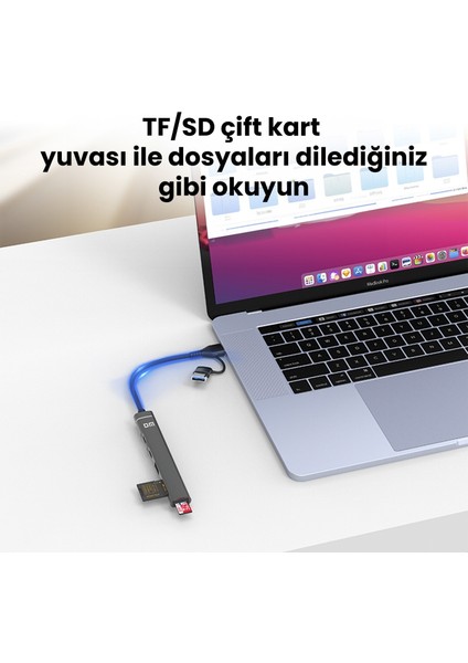 CHB025 Usb-A ve Type-C Girişli 2*type-C 1*usb-A Sd Micro Sd Tf Kart Okuyucu Çoklayıcı Dönüştürücü