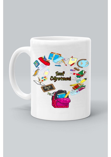 Okul Çanta Kalem Defter Sınıf Öğretmeni Baskılı Klasik Beyaz Kupa Bardak