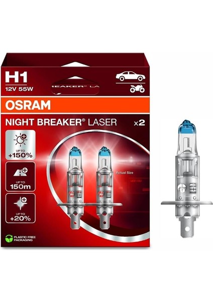 12V H1 Ampul 55W +%150 Fazla Işık 4200K Nıght Breaker Laser (2 Ad)