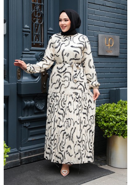 Desenli Ekru Tesettür Şifon Elbise 23772E