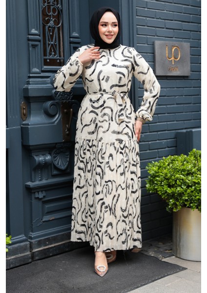 Desenli Ekru Tesettür Şifon Elbise 23772E fiyatları