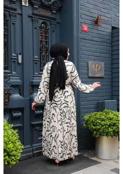 Desenli Ekru Tesettür Şifon Elbise 23772E modelleri