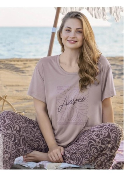 Kadın Battal Boy Gülkurusu Viskon Kısa Kollu Pijama Takımı 240253