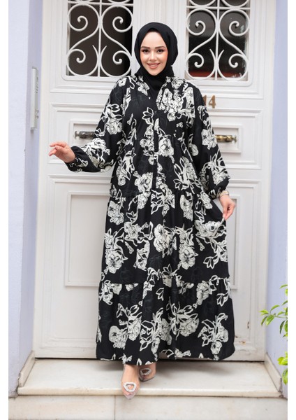 Çiçek Desenli Siyah Viskon Tesettür Elbise 23588S