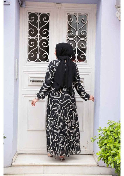 Desenli Siyah Tesettür Şifon Elbise 23772S modelleri